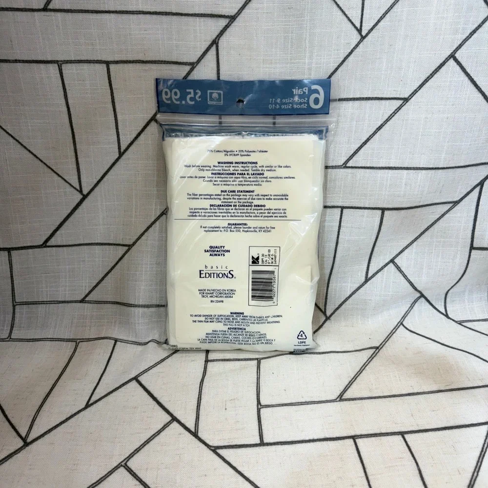 Basic Editions Lightweight VTG Cuff Socks 9-11 White 6 Pr Pack Cotton Blend Crew